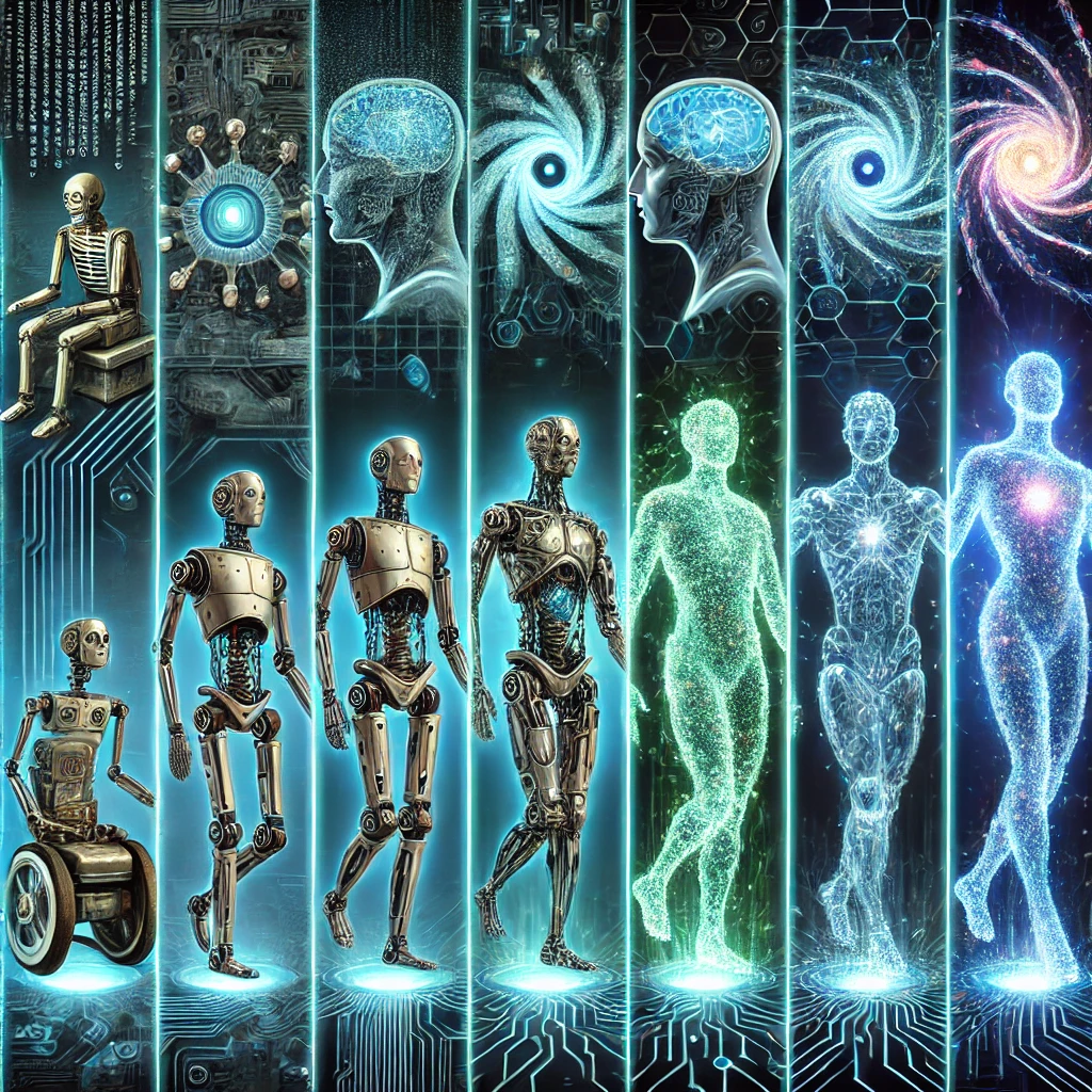 Illustration unique de l’évolution des IA et de la robotique, générée par IA avec ChatGPT